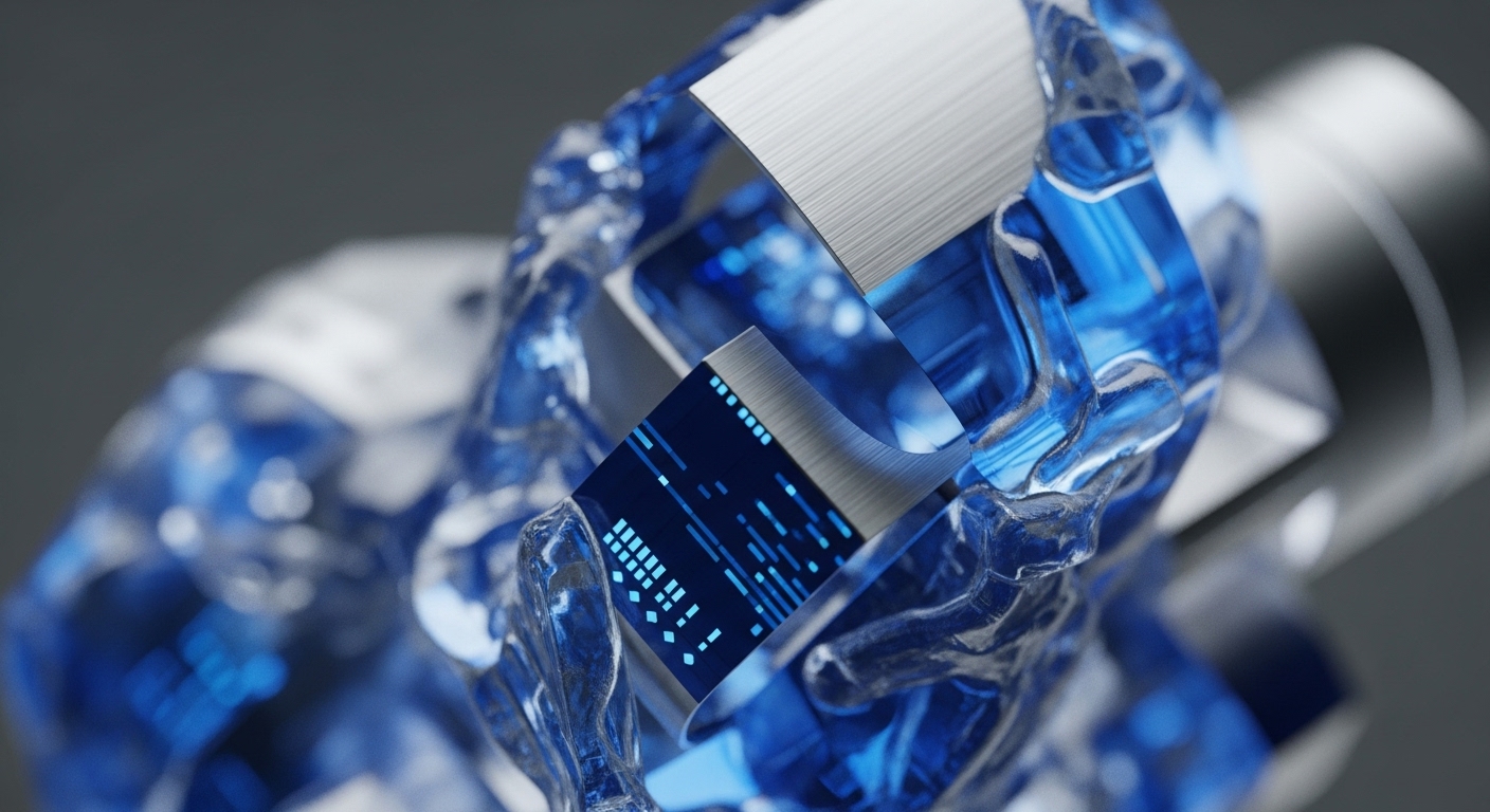 Abstract blue translucent structures, resembling flowing liquid or ice, intertwine with flat white ribbon-like components. One white component features a dark blue section illuminated with glowing blue digital patterns, suggesting active data display