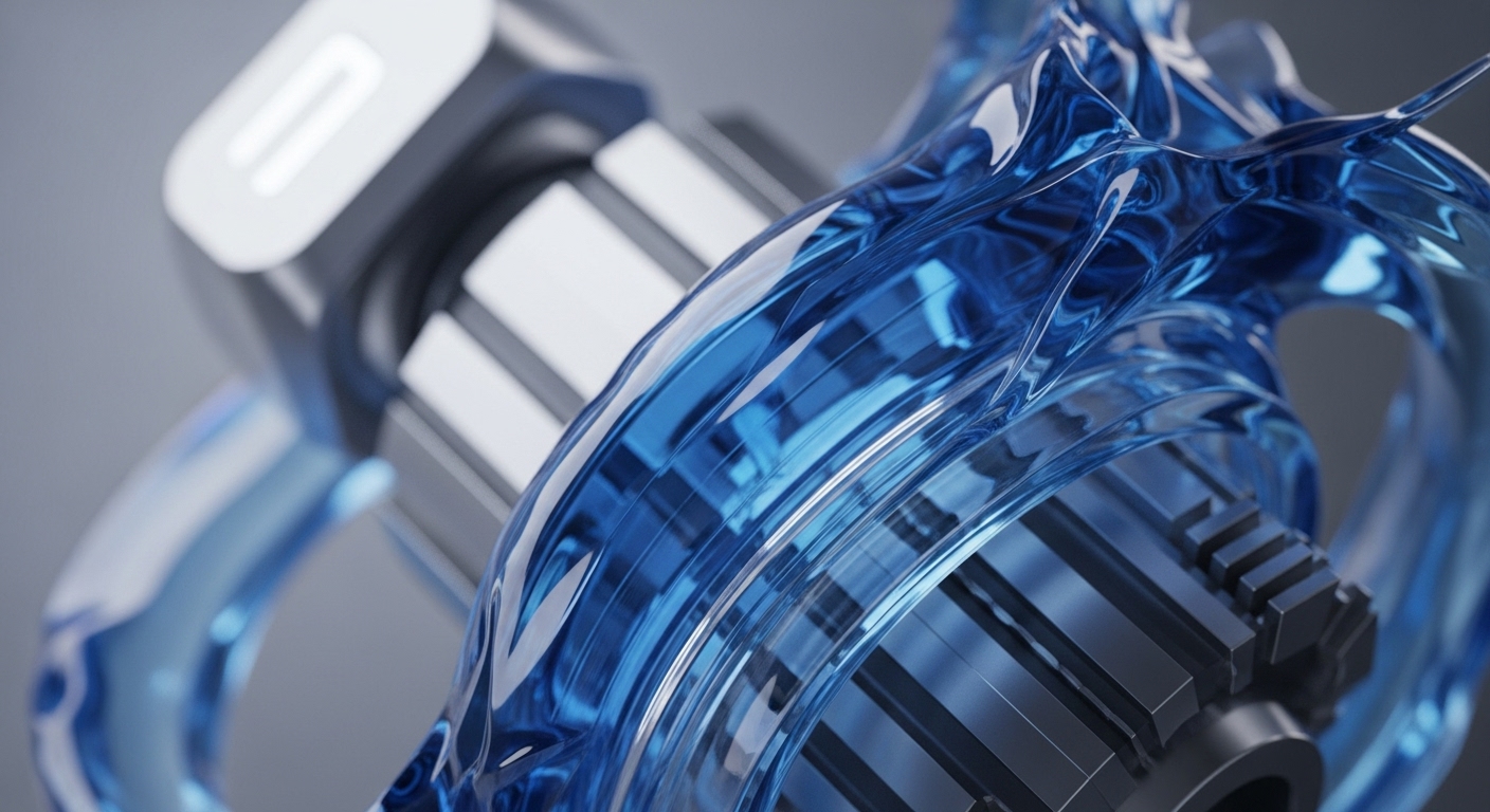 A precision-engineered mechanical component, possibly a rotor or gear, is partially enveloped by a dynamic, translucent blue fluid. The fluid exhibits turbulent motion, suggesting high-velocity flow and interaction with the component's intricate structure