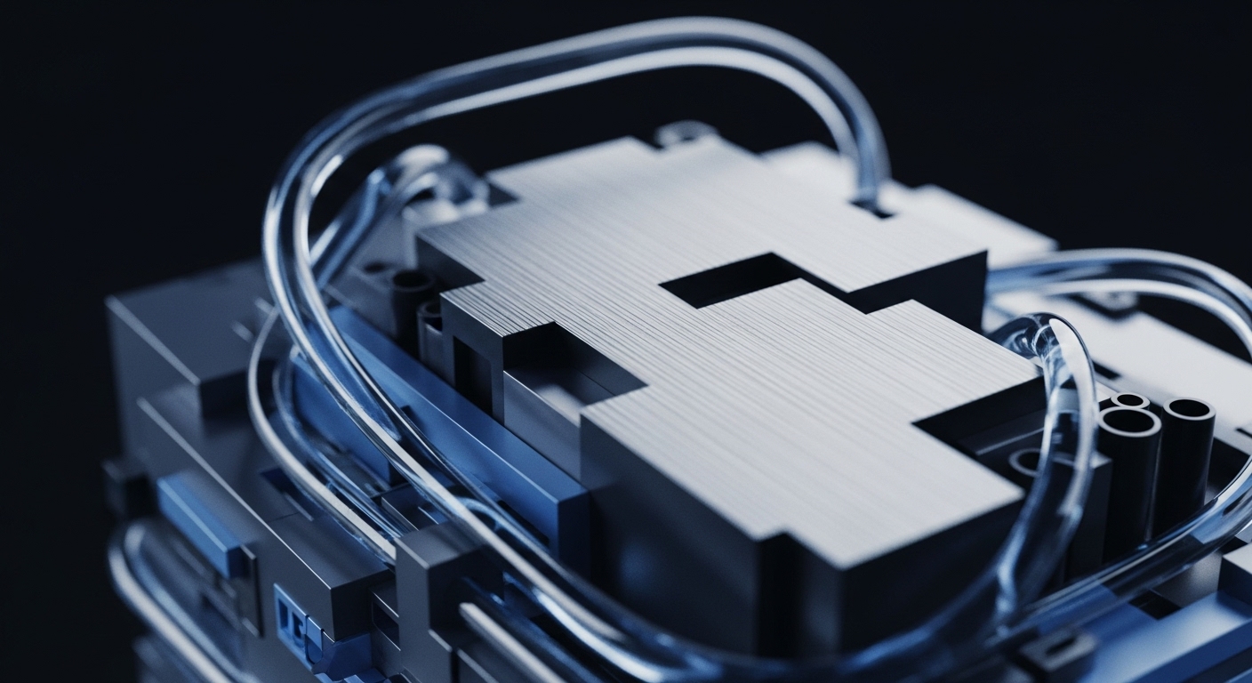 The image showcases a detailed view of a high-performance computing unit, featuring a large, brushed metallic block with intricate geometric patterns. Transparent tubing, appearing to carry a blue liquid, snakes across the surface, connecting various components