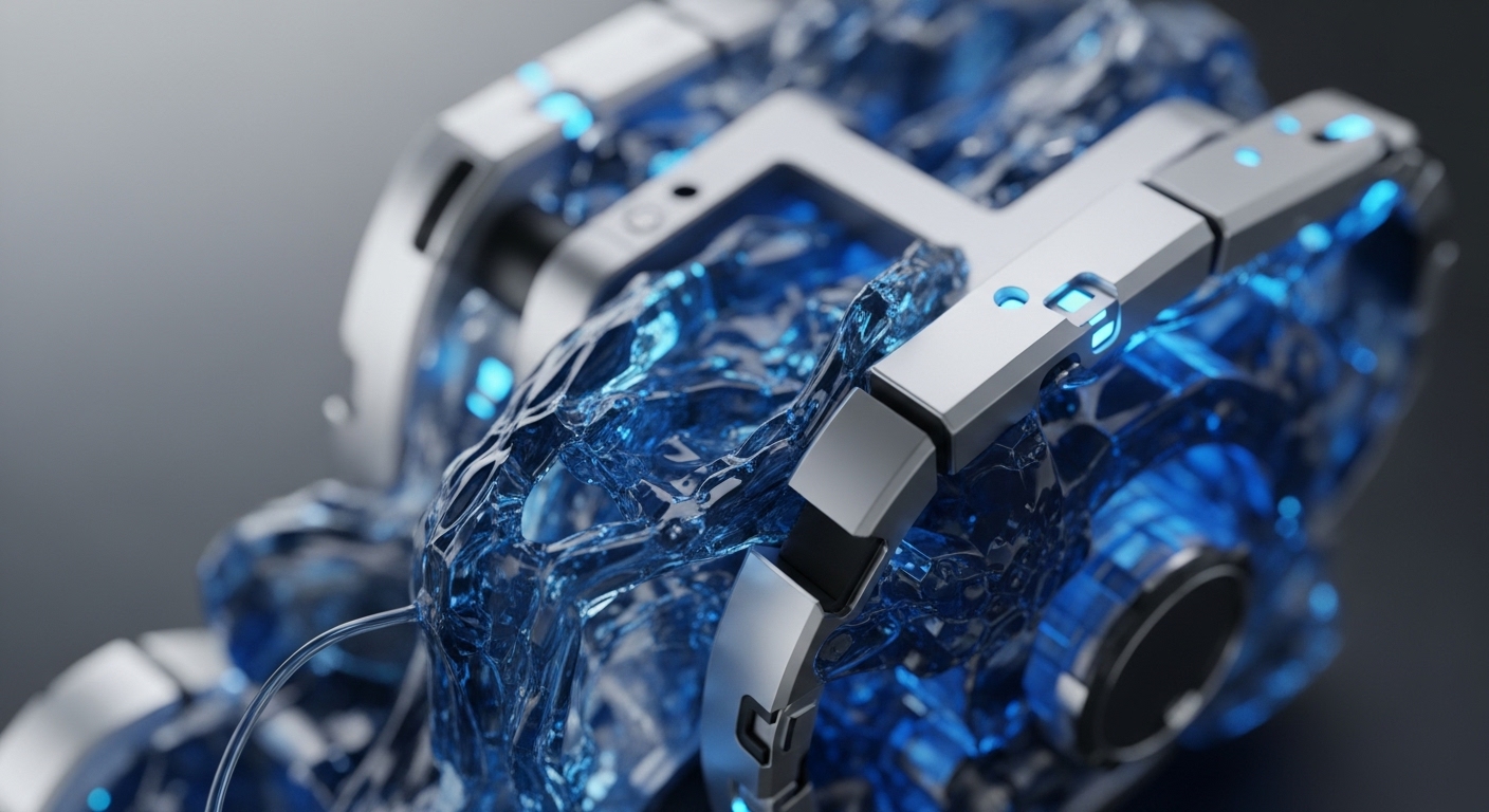A close-up reveals a sophisticated liquid cooling system, integral to high-performance blockchain infrastructure. Translucent blue fluid, illuminated by internal glowing nodes, circulates through a precision-engineered metallic framework. This advanced thermal management solution is critical for maintaining optimal operating temperatures in ASIC miners or validator nodes, ensuring hash rate stability and energy efficiency. The design emphasizes robust hardware security and computational power, vital for decentralized computing and efficient transaction processing within a distributed network. It represents a commitment to sustainable blockchain operations and DLT scalability.