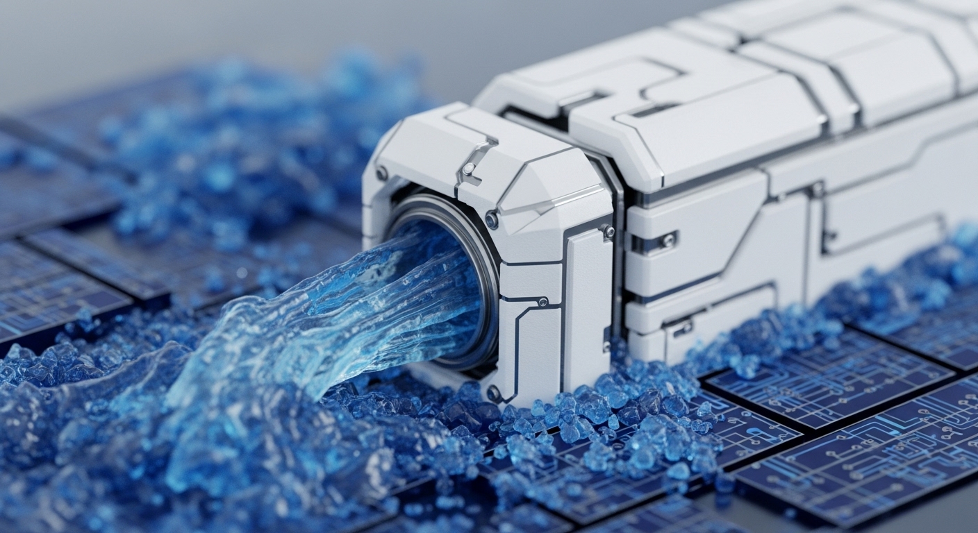 A futuristic white module ejects a vibrant blue, crystalline data stream onto interconnected circuit board panels. This visual metaphorically represents high-throughput transaction processing within a decentralized network. The flowing blue material signifies digital asset liquidity or data integrity being validated across a blockchain ledger. The circuit boards symbolize node infrastructure or smart contract execution environments. This illustrates efficient block propagation and layer 2 scaling solutions, ensuring robust network activity and optimized gas fees for decentralized applications dApps. The overall scene suggests advanced computational power driving Web3 innovation.