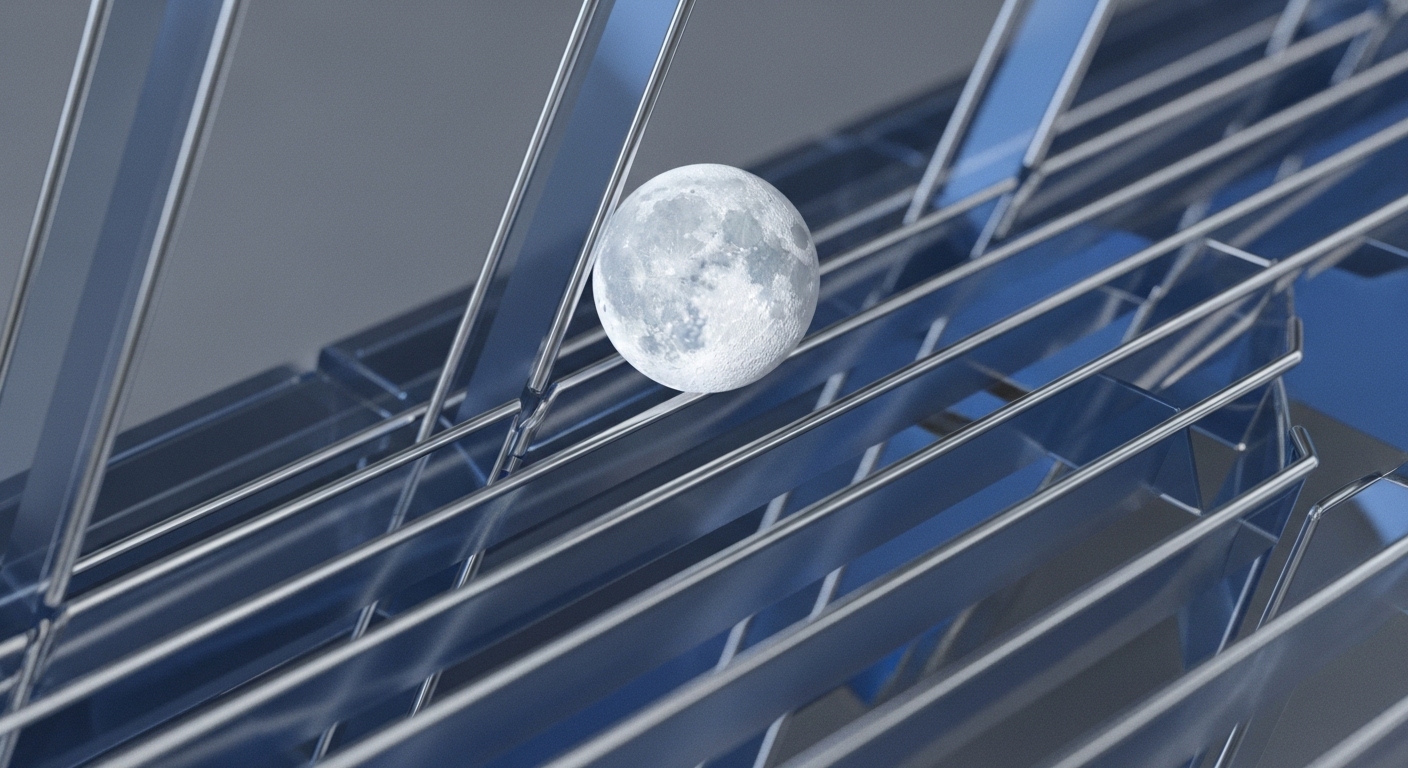 A detailed sphere, resembling the moon with visible craters and textures, is suspended above and between a series of parallel and intersecting metallic and translucent blue rails. These structural elements create a dynamic, abstract pathway system against a muted grey background