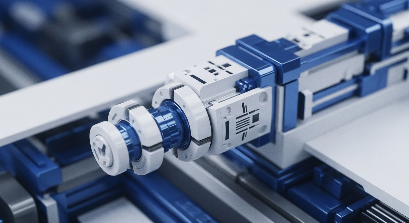 A sleek, white and metallic blue industrial mechanism features interconnected components, suggesting precision engineering and automated functionality. This modular system evokes the intricate design of a decentralized autonomous organization DAO or smart contract execution engine. Its linear guides and robust structure symbolize the immutable records and trustless environments foundational to distributed ledger technology DLT. The assembly could represent a validator node or a component within a layer-2 scaling solution, facilitating transaction finality. Abstract markings hint at complex cryptographic primitives or hashing algorithms underpinning Web3 infrastructure, articulating robust protocol layers for secure digital asset management.