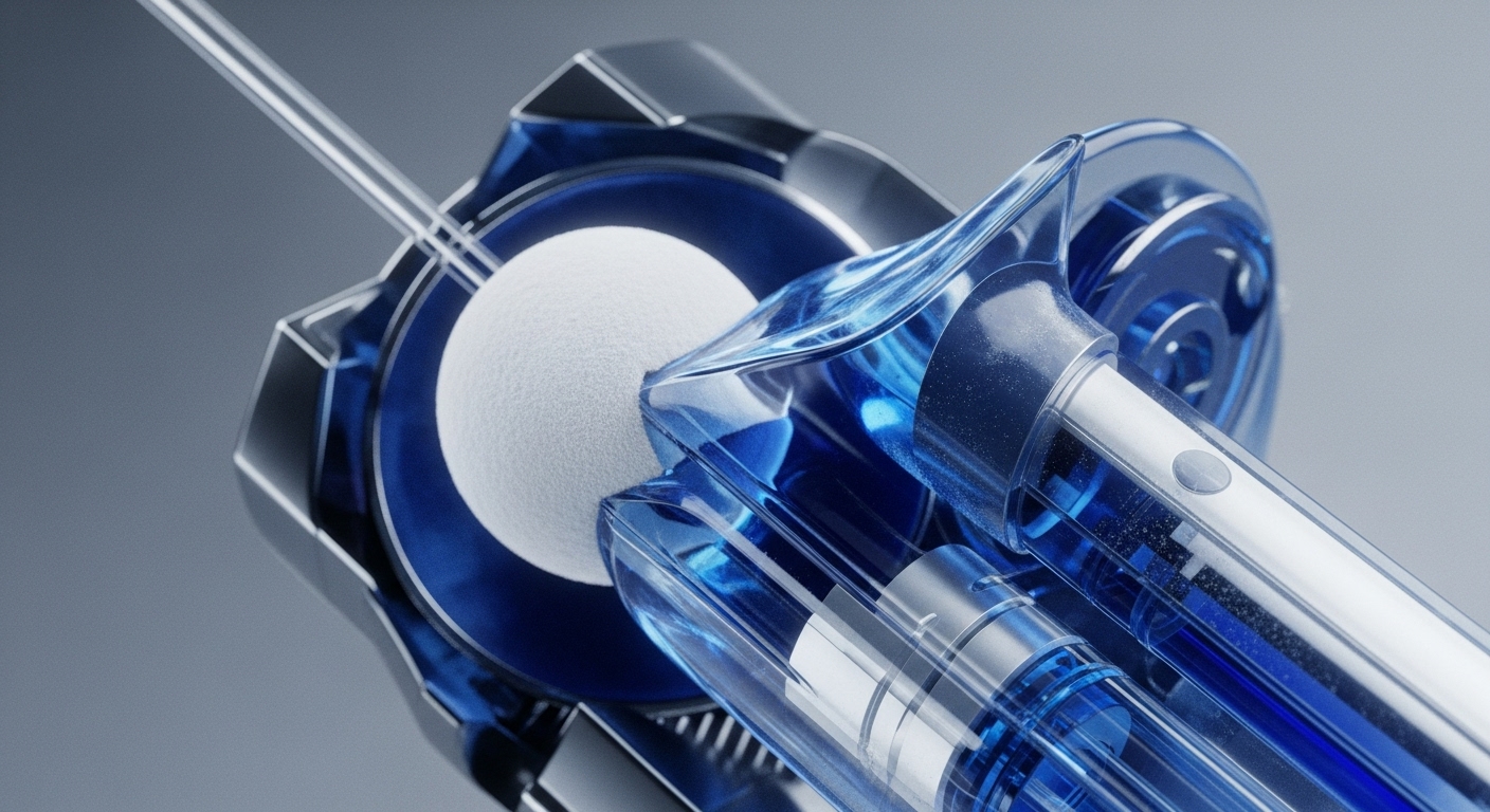 A sophisticated, transparent blue and metallic device features a central white, textured spherical component precisely engaged by a fine transparent tube. Visible through the clear casing are intricate internal mechanisms, highlighting advanced engineering