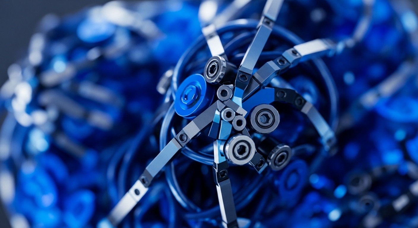 A highly detailed mechanical assembly dominates the foreground, featuring precisely machined metallic arms, bearings, and hexagonal fasteners arranged in a radial pattern. The background is a vibrant, blurred expanse of deep blue, suggesting intricate wiring or energy conduits that extend beyond the central focus