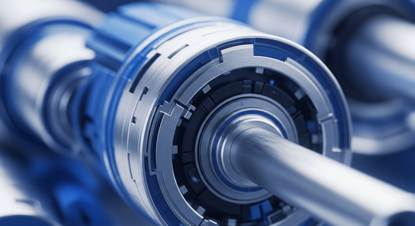 The image showcases a detailed close-up of a precision-engineered mechanical component, featuring a central metallic shaft surrounded by multiple concentric rings and blue structural elements. The intricate design highlights advanced manufacturing and material science, with brushed metal textures and dark inner mechanisms