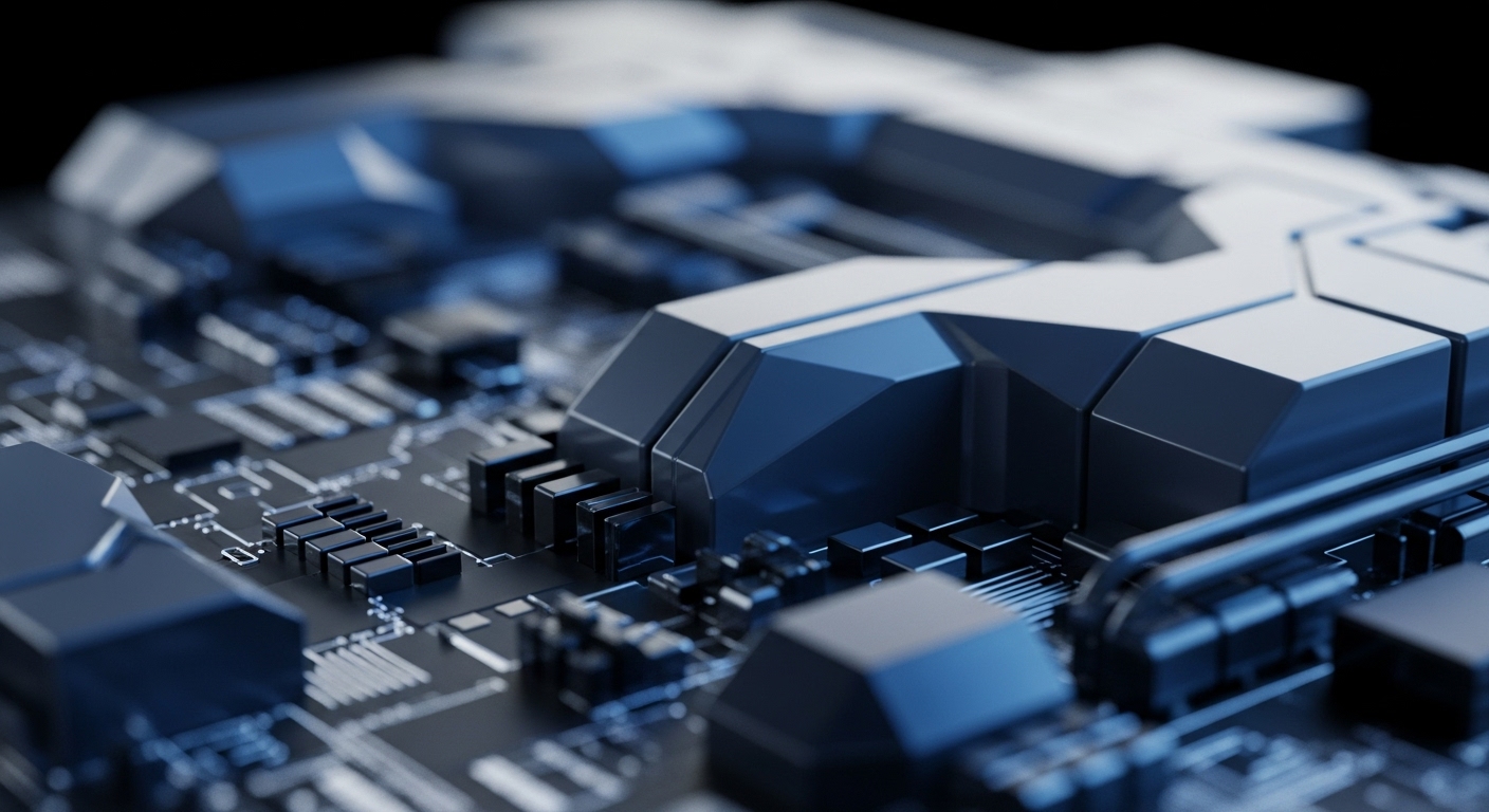 Advanced semiconductor architecture is depicted, showing dark printed circuit board traces and numerous surface-mounted components. Prominent metallic heatsinks, with reflective blue and white geometric designs, dominate the foreground, signifying robust thermal management critical for high-performance computing. This hardware backbone is essential for blockchain node operations, facilitating cryptographic hashing and transaction validation. Such advanced chip architecture underpins Proof-of-Work mining rigs or Proof-of-Stake validator hardware, ensuring network security and data integrity within a decentralized ledger technology ecosystem. It represents the physical layer for smart contract execution and digital asset processing.