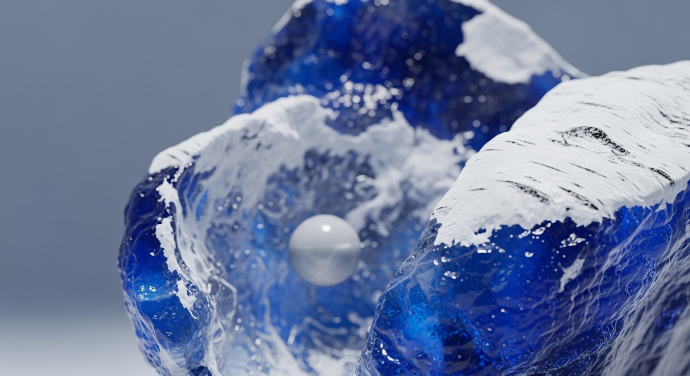 A pristine white sphere, resembling a valuable digital asset, is suspended within a vibrant, translucent blue structure. This structure, reminiscent of frozen liquid or crystalline data, is partially adorned with white, textured frost along its edges, creating a sense of depth and complexity