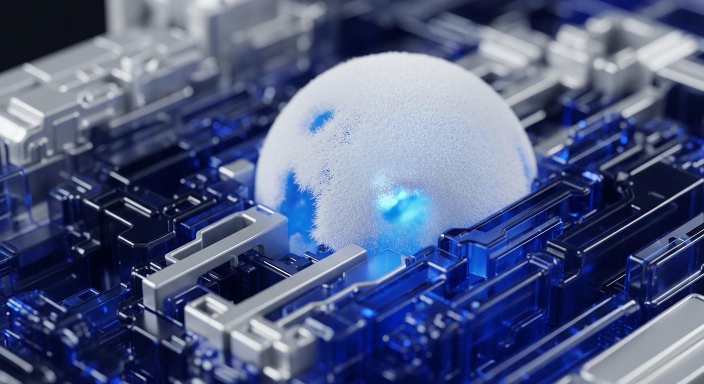 A textured, spherical core glows with intense blue light emanating from internal fissures and surface points. This central orb is embedded within a dense, futuristic matrix of transparent blue and polished silver geometric structures, creating a highly detailed technological landscape