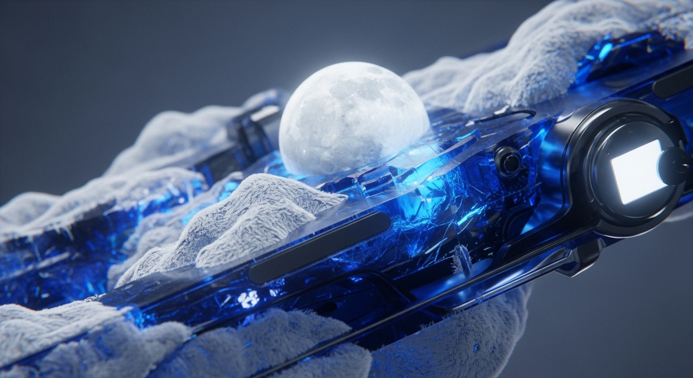A futuristic, ice-covered device with glowing blue internal mechanisms is prominently displayed, featuring a large, moon-like sphere at its core. The intricate structure is partially obscured by frost, highlighting both its advanced technology and its cold, secure nature