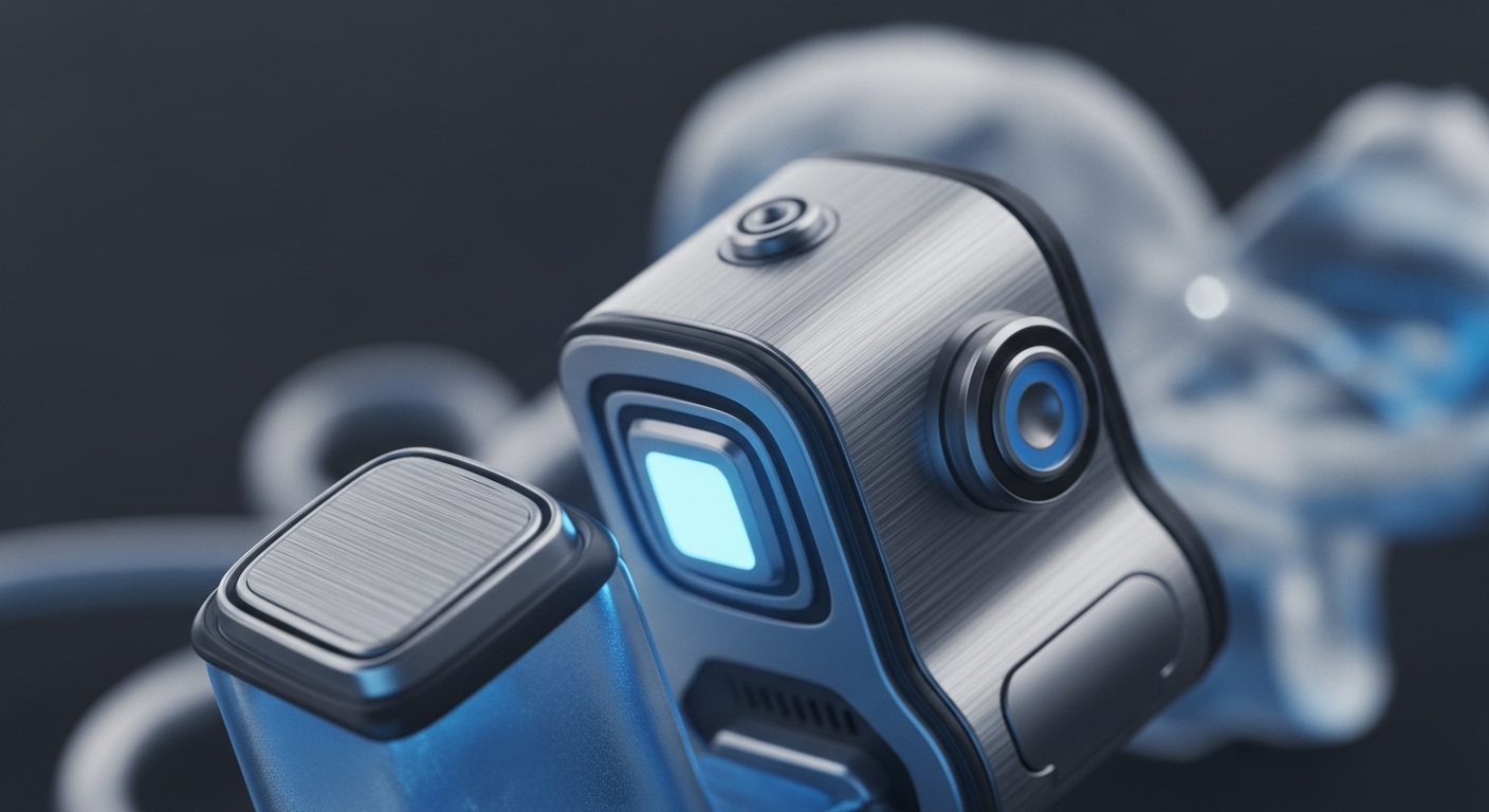 The image showcases a sophisticated, brushed metallic device with a prominent, glowing blue central light, set against a softly blurred background of abstract, translucent forms. A secondary, circular blue-lit component is visible on the device's side, suggesting multiple functional indicators