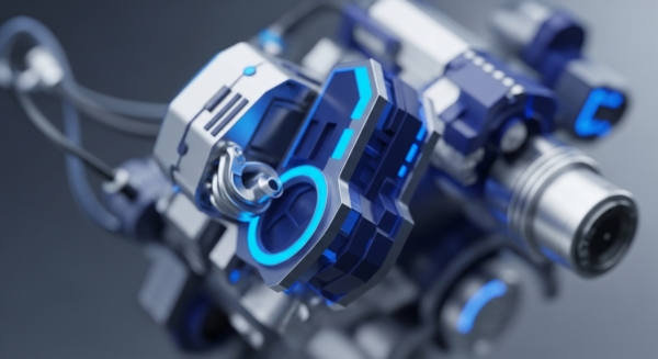 A sophisticated mechanical device, in metallic silver and deep blue, features prominent electric blue glowing accents, suggesting active data processing. This advanced hardware represents a high-performance validator node, crucial for maintaining blockchain architecture integrity. Its intricate design implies a secure multi-party computation engine. The glowing elements visualize cryptographic hashing operations or real-time distributed consensus mechanism activity. Optimized for low network latency, it ensures rapid transaction finality and robust digital asset security within a decentralized ledger technology framework, supporting Layer 2 scaling.