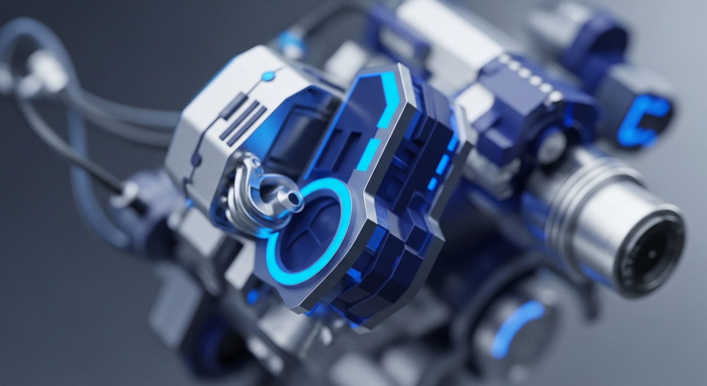 A close-up view reveals a complex, futuristic mechanical device, predominantly silver and dark blue, with striking electric blue glowing lines and rings. The device features intricate geometric shapes, metallic textures, and visible connecting wires, suggesting advanced technological functionality