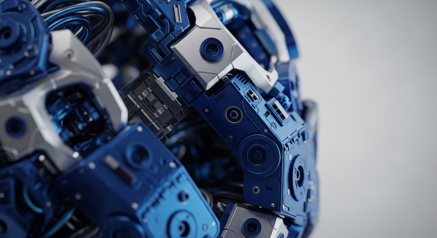 A close-up reveals a sophisticated mechanical assembly, featuring interlocking blue and silver metallic components. Intricate wiring, predominantly blue and black, connects various panels, suggesting a complex internal structure. This robust design visually embodies a decentralized autonomous organization DAO's core node infrastructure, highlighting its cryptographic primitive strength. The precision engineering reflects a validator network's integrity, crucial for transaction finality and data integrity within a distributed ledger technology DLT framework. It symbolizes a secure consensus mechanism supporting Web3 infrastructure and on-chain governance.