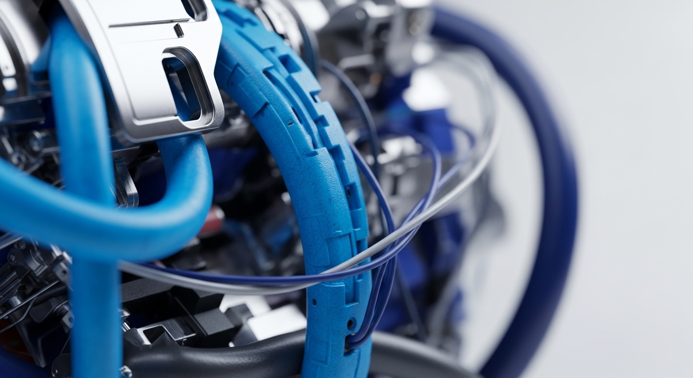 The detailed perspective showcases vibrant blue flexible tubing and a structured, segmented blue cable carrier, accompanied by delicate white and dark blue wiring. These components are integrated with gleaming silver metallic fixtures and obscured mechanical parts, creating an impression of sophisticated engineering