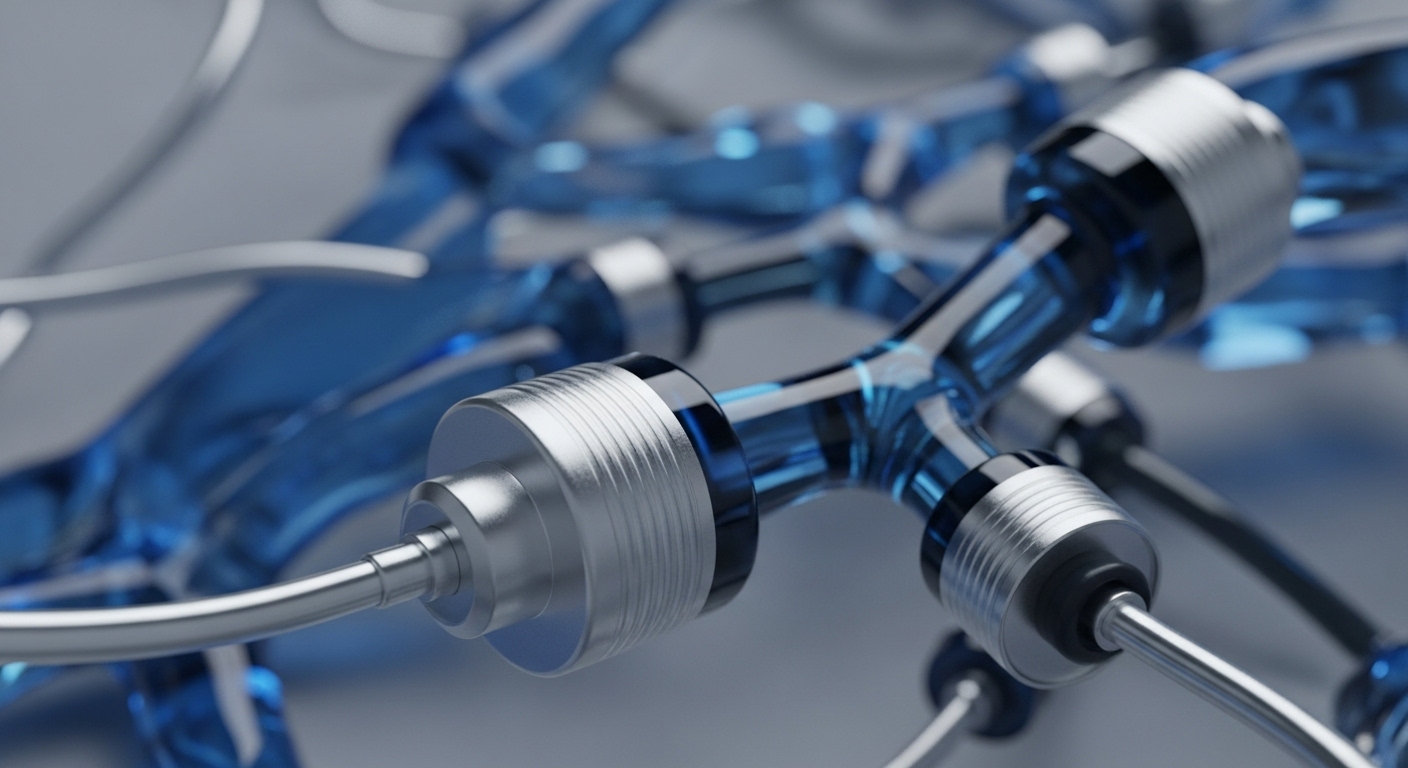 The close-up view reveals an intricate system of transparent blue, branching conduits connected by highly detailed metallic cylindrical nodes. Silver-colored cables extend from these connectors, suggesting a complex, engineered network infrastructure