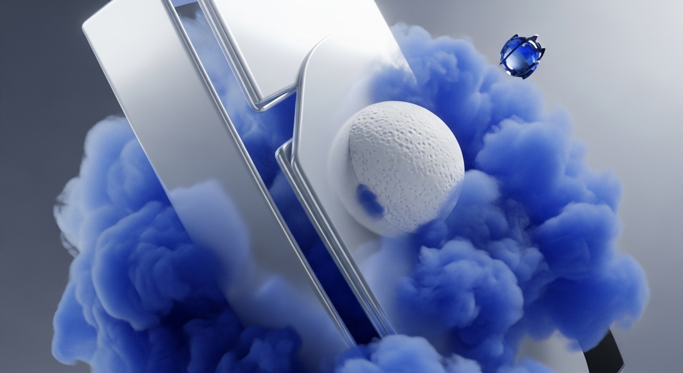 The image displays a futuristic abstract scene with a prominent, angular metallic structure surrounded by dense blue smoke. A textured white sphere is positioned near the structure, while a smaller, faceted blue sphere floats in the upper right
