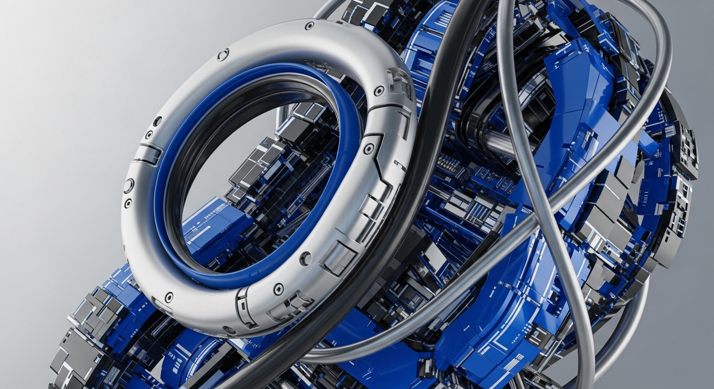 The image displays a sophisticated 3D abstract rendering featuring interconnected metallic and blue components, centered around a prominent silver ring. This ring, detailed with mechanical elements, encircles a vibrant blue inner ring, all set against a clean, light grey background