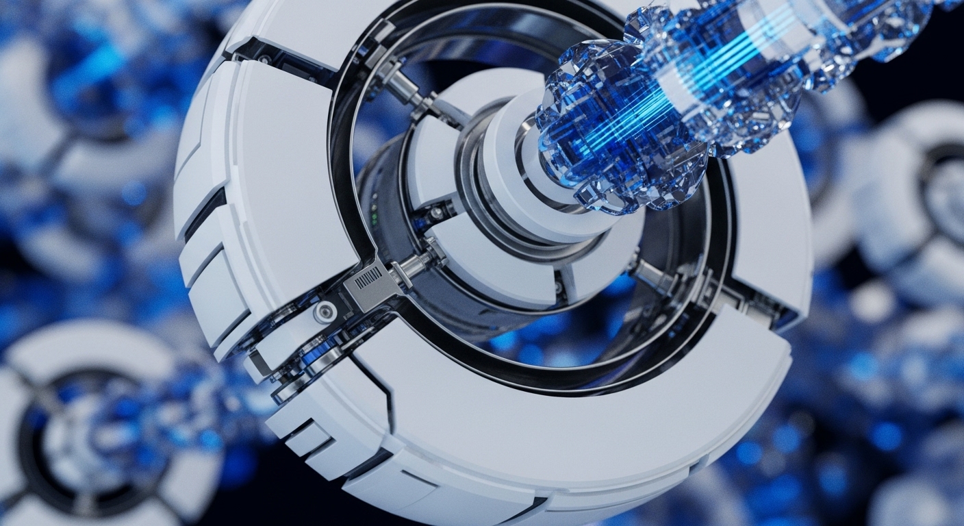 A highly detailed, futuristic spherical module features sleek white external panels revealing complex internal metallic mechanisms. A brilliant blue energy beam or data stream projects from its core, with similar modules blurred in the background, suggesting a vast interconnected system