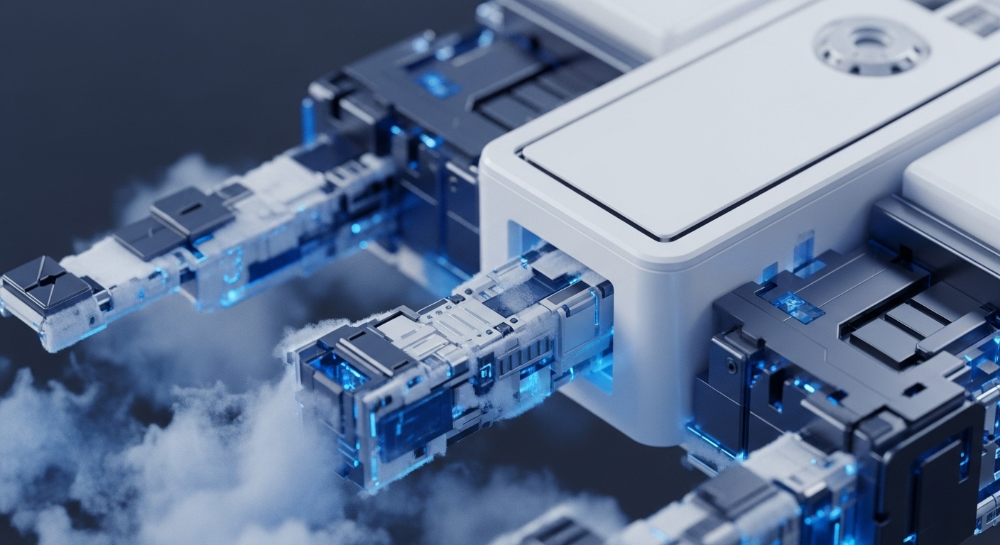 Intricate white and dark metallic modular components connect, revealing vibrant blue internal illuminations signifying active data flow. Wisps of white vapor emanate, suggesting intense processing and efficient cooling within this advanced system