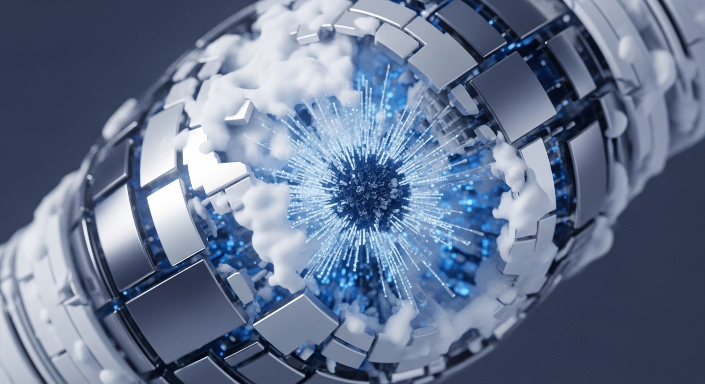 A sleek, metallic cylindrical structure with segmented panels is prominently displayed, revealing a vibrant blue energy core and a central burst of light particles. White, cloud-like formations interweave with the polished metal, suggesting a complex interplay of elements
