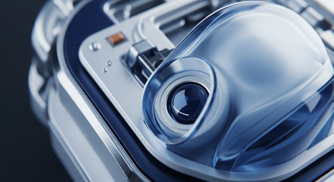A close-up view reveals a sophisticated, metallic device featuring a prominent, translucent blue lens-like component. This advanced hardware integrates seamlessly with secure enclave technology, facilitating robust biometric authentication for decentralized identity management. Its sleek design and precision engineering suggest a next-generation cold storage solution, crucial for private key management and safeguarding digital assets. The intricate details hint at cryptographic primitives at play, enabling secure transaction signing and on-chain governance participation within a distributed ledger technology ecosystem.