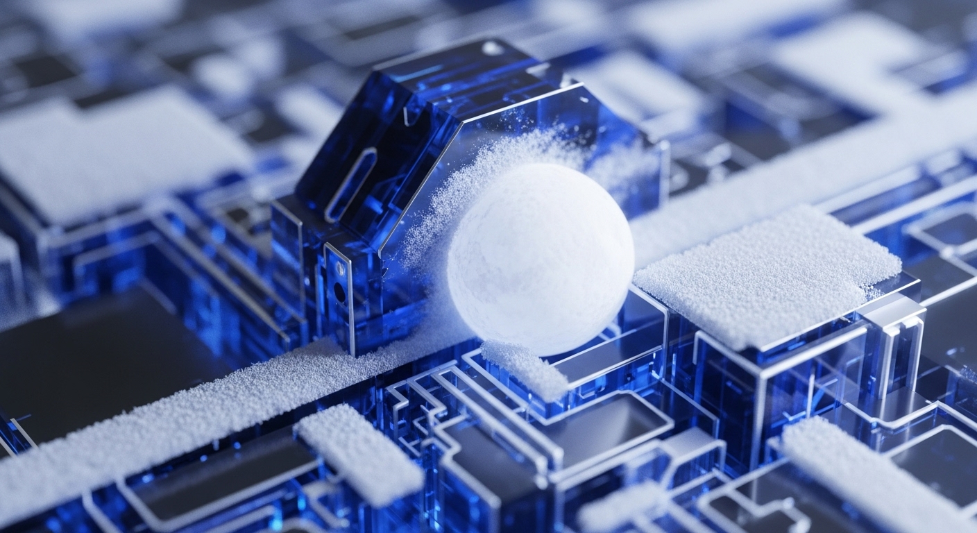 A vibrant, abstract depiction showcases a transparent, glowing blue structure, resembling a secure facility or node, positioned on an intricate digital network. A spherical white object, partially encased in a granular white substance, rests beside it, with the substance also dusting the network pathways