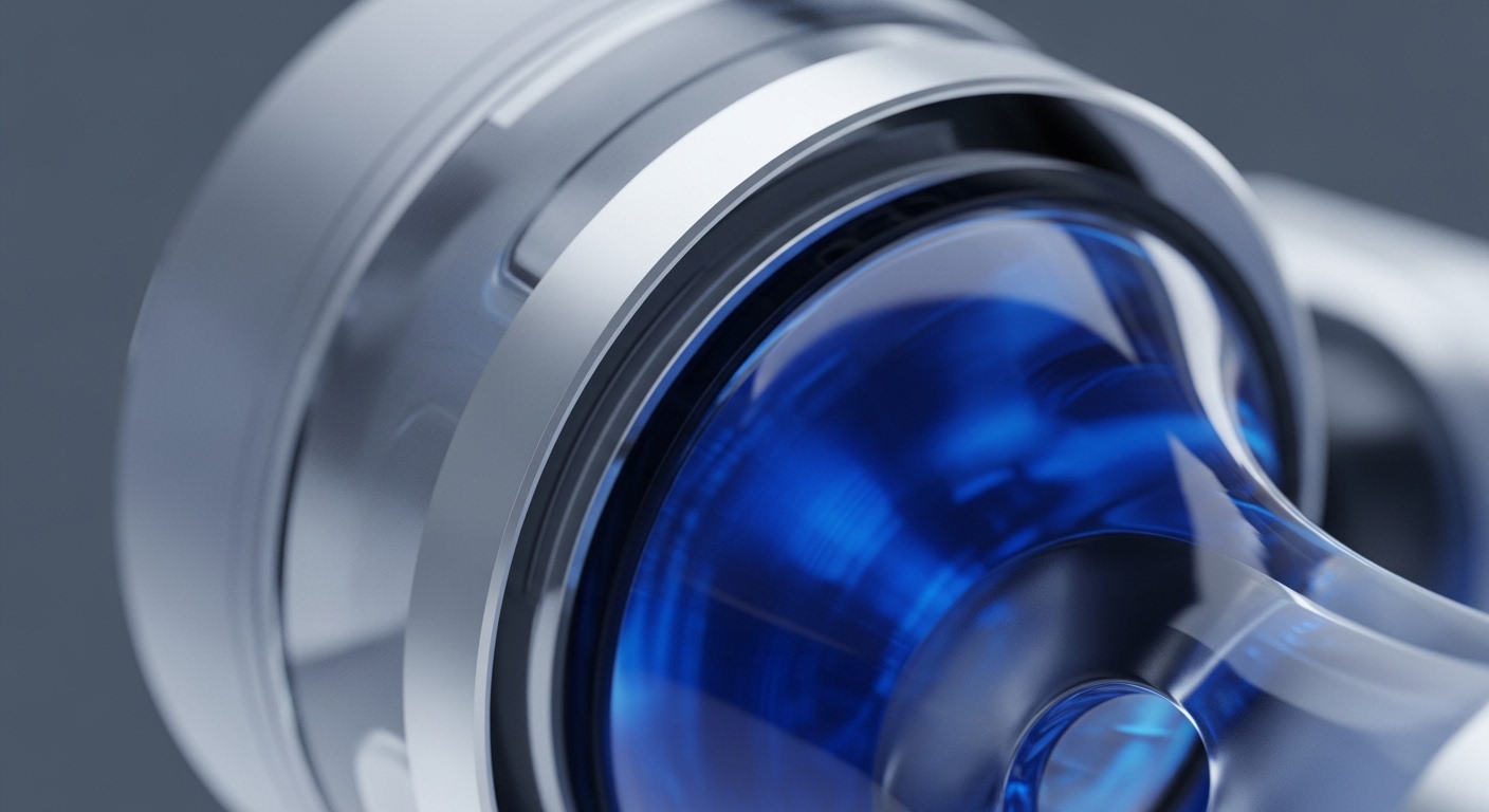 A close-up view reveals a highly polished, multi-layered metallic and transparent hardware component, featuring a vibrant, swirling blue internal mechanism. The intricate design showcases a central, luminous blue core, suggesting dynamic energy or data flow within a sophisticated system