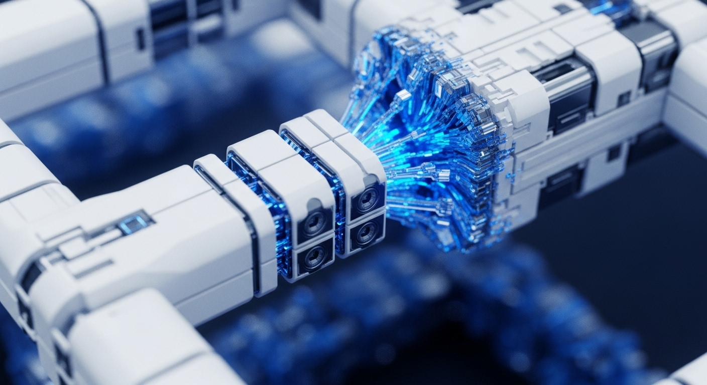 White, interconnected modular structures dominate the frame, featuring a central nexus where vibrant blue data streams burst forth, illuminating the surrounding components against a dark, blurred background. This visual representation details the complex architecture of blockchain interoperability, showcasing how diverse protocol layers facilitate secure cross-chain communication and atomic swaps