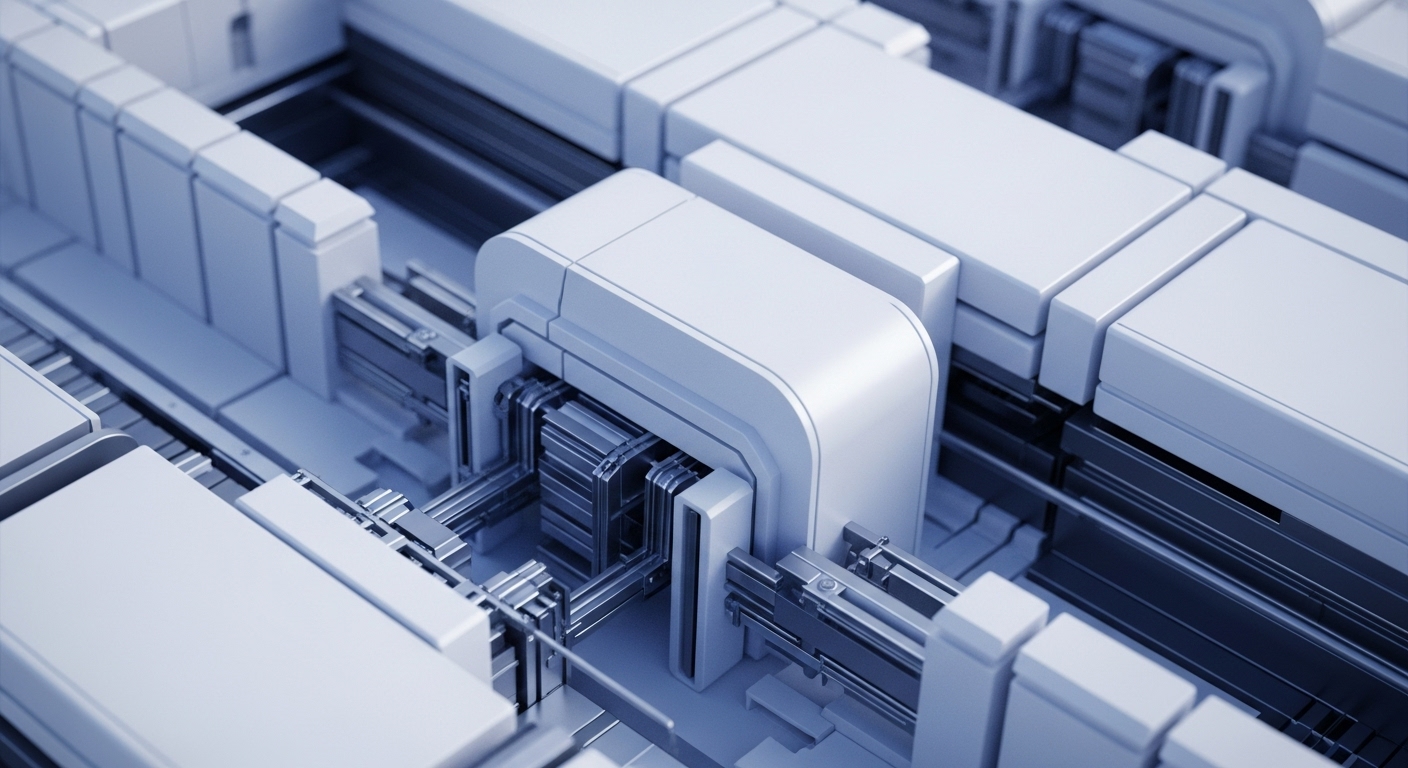 A high-angle view reveals a complex, clean, white and metallic modular system featuring parallel tracks and interconnected processing units. These intricate components are illuminated with subtle blue undertones, emphasizing precision and advanced engineering
