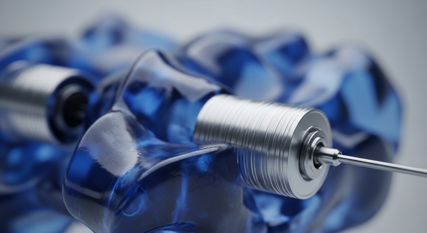 A close-up view reveals a translucent, deep blue, organic-shaped substrate encasing metallic, cylindrical components. The foreground element, a precision-engineered secure element, features fine horizontal grooves and a central shaft, suggesting a cryptographic engine for private key management. This advanced hardware likely forms a trusted execution environment within a decentralized physical infrastructure network, enabling secure multi-party computation. Its design implies robust tamper-proof hardware for quantum-resistant cryptography, crucial for digital asset security and self-sovereign identity solutions.