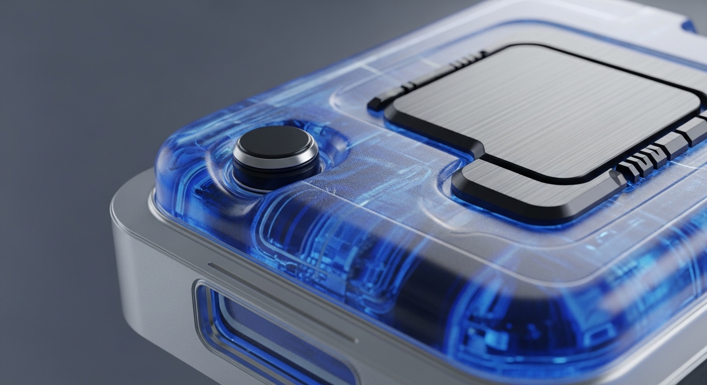 A transparent hardware wallet reveals its advanced internal architecture. A central brushed metallic secure element functions as the cryptographic processor, surrounded by intricate, glowing blue circuitry symbolizing active data flow within a decentralized ledger technology DLT network. This device is engineered for robust private key management and secure transaction signing, offering cold storage capabilities. A circular button, potentially for biometric authentication or multi-signature confirmation, integrates into the tamper-proof design, highlighting its role as a secure enclave for digital assets.