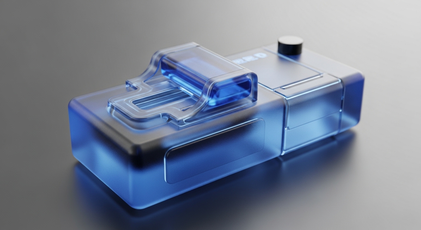 A sleek, translucent blue hardware wallet device rests on a dark grey surface. Its modular, clear blue-tinted casing suggests a secure element for cryptographic key storage. A prominent raised section on the left likely functions as a secure input for seed phrase entry or multi-signature confirmation. On the right, a black knob with a white top controls firmware updates or device settings. This tamper-proof unit is engineered for cold storage, facilitating offline transaction signing and safeguarding digital assets within a distributed ledger technology ecosystem.