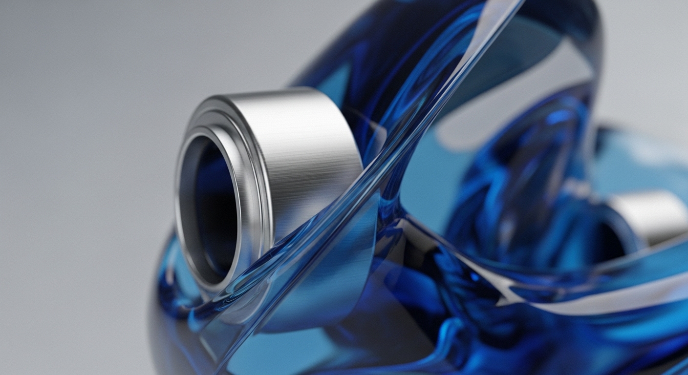The image displays a brushed metallic cylindrical component, precisely positioned within a translucent, deep blue, fluid-like material. This composition evokes the essential integration of robust hardware security with dynamic blockchain protocols