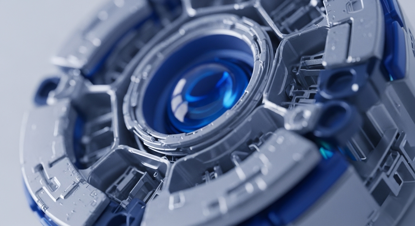 The image displays a close-up of a complex, futuristic mechanical device, featuring a central glowing blue spherical element surrounded by intricate metallic grey and blue components. These interlocking structures exhibit detailed textures and precise engineering, suggesting a high-tech core unit