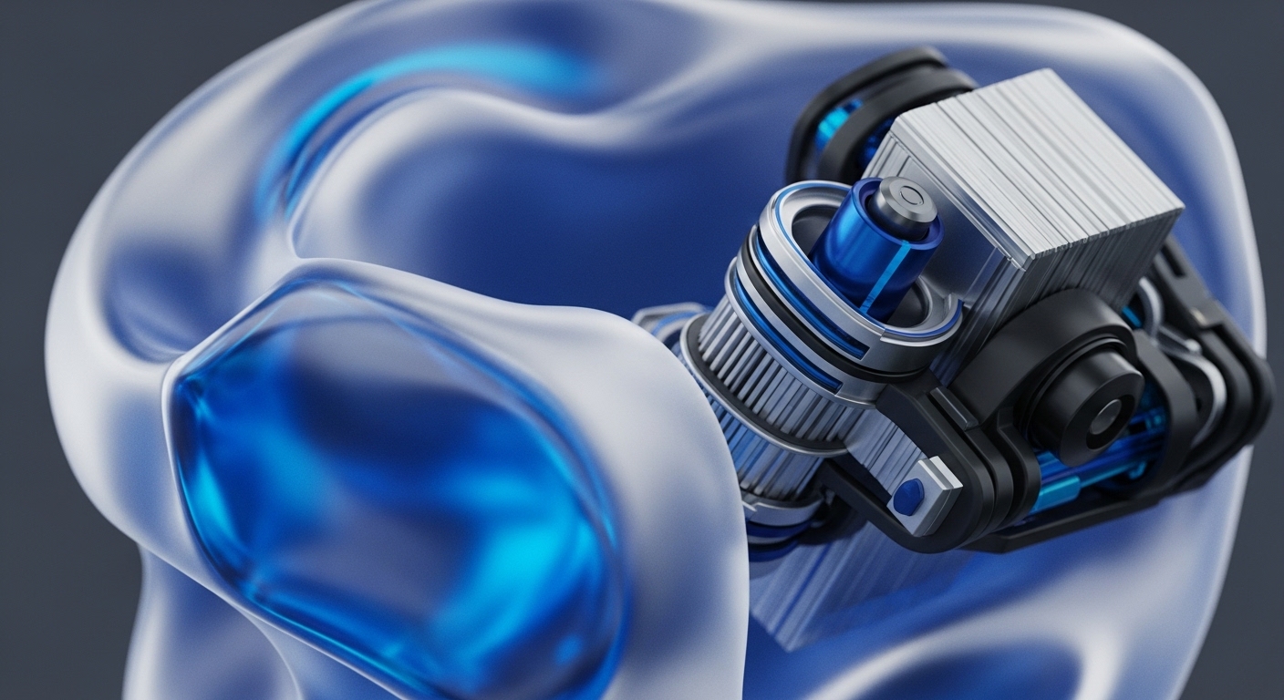 A translucent, undulating blue and white shell encases a complex, multi-component mechanical assembly. Visible within are stacked silver plates, intricate blue and silver cylindrical parts, and black structural supports, all illuminated by internal blue light
