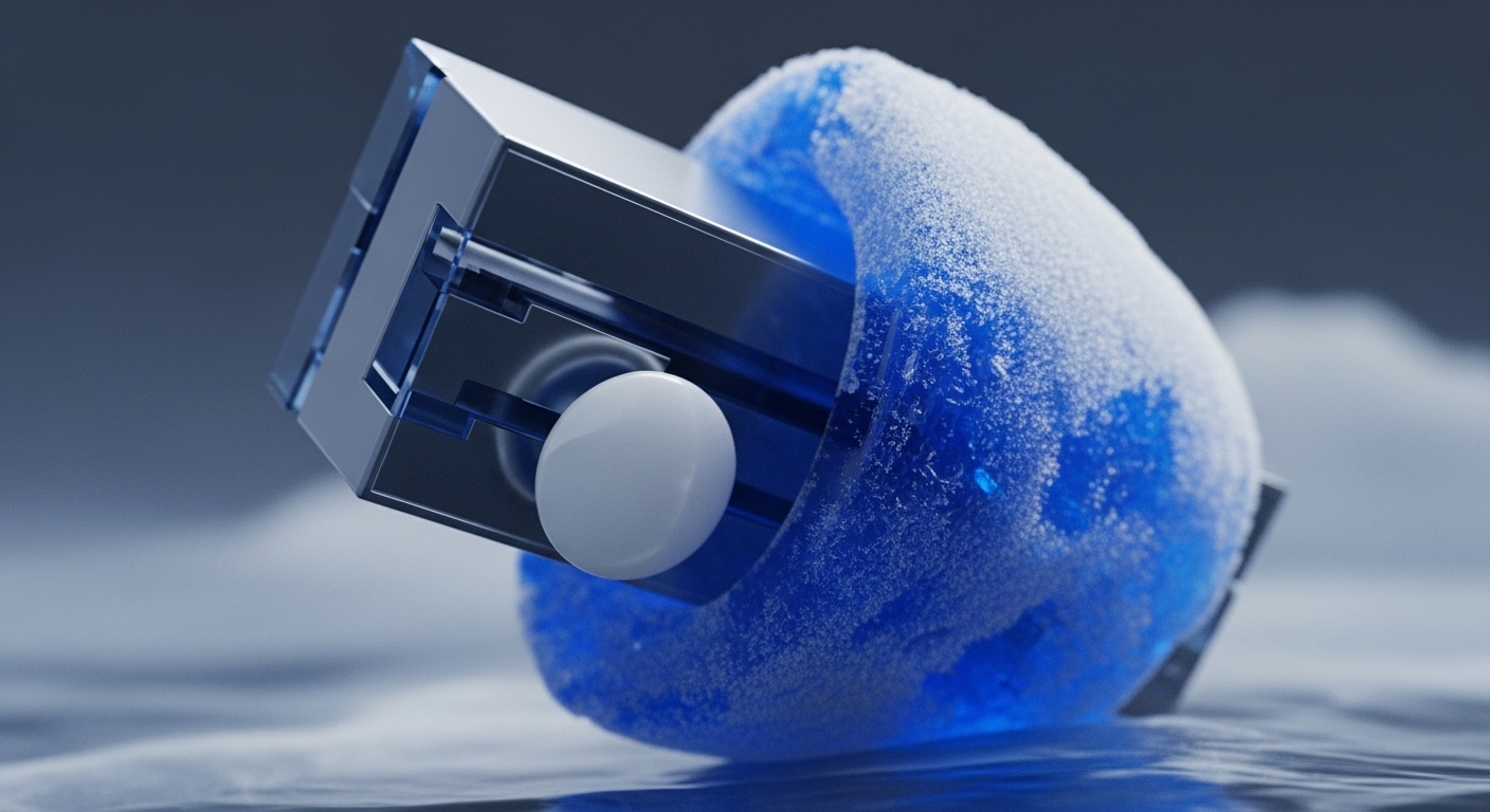 A metallic, cubic device with transparent blue accents and a white spherical component is partially submerged in a reflective, rippled liquid, while a vibrant blue, textured, frosty substance envelops one side. The object appears to be a sophisticated hardware wallet, designed for ultimate digital asset custody through advanced cold storage mechanisms