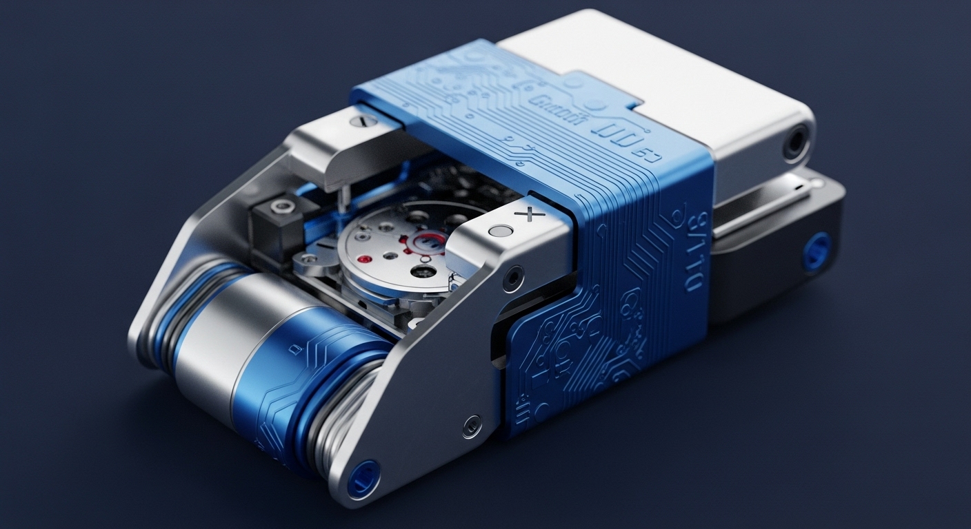 A compact, intricate mechanical device is depicted, showcasing a sophisticated assembly of metallic silver and electric blue components. The blue elements are intricately etched with circuit board patterns, highlighting its electronic and digital nature