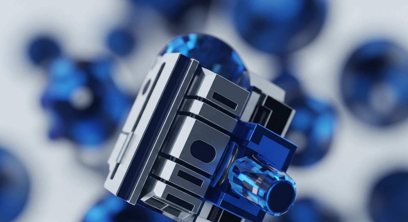 A highly detailed, metallic-blue and silver geometric construct, possibly a cryptographic module or validator node, floats centrally. Its intricate design features layered secure enclaves and embedded faceted blue elements, symbolizing encrypted data units or tokenized assets. This structure suggests advanced hardware wallet capabilities for cold storage or a component within a decentralized infrastructure. The background displays blurred, luminous blue spheres, representing distributed ledger technology DLT nodes or blockchain network data points, emphasizing trustless system operations and immutable ledger integrity. The composition highlights protocol layer security.