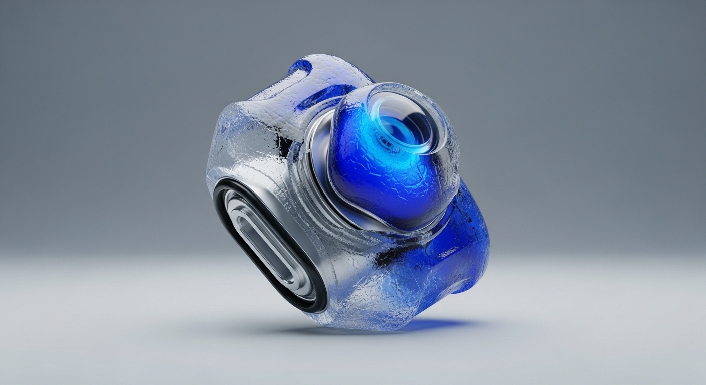 A complex, abstract object, rendered with translucent clear and vibrant blue elements, features a prominent central lens emitting a bright blue glow. The object incorporates sleek metallic components and rests on a smooth, light grey surface, showcasing intricate textures on its transparent shell