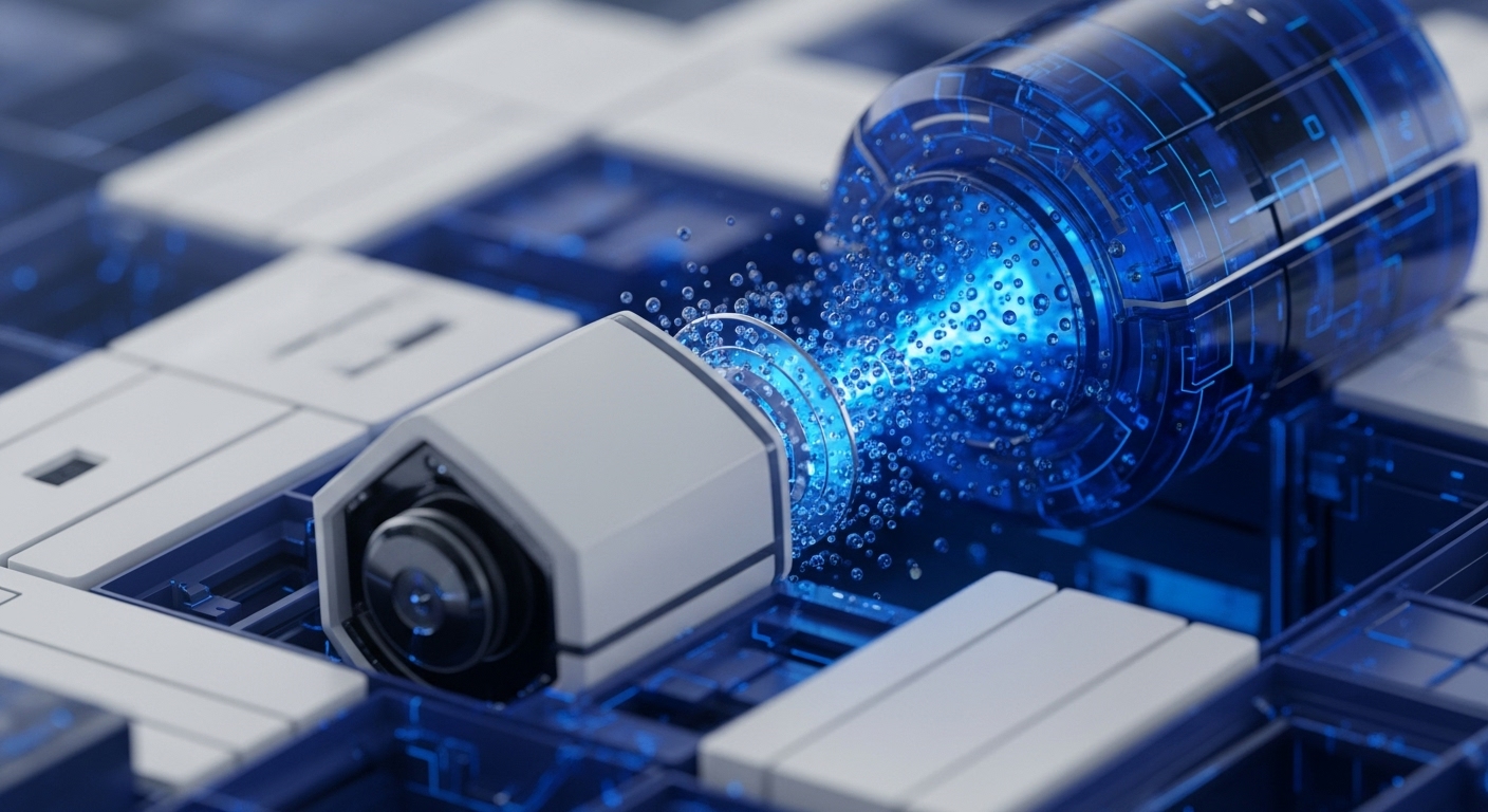 A sleek, white, multi-faceted device, resembling a sensor or hardware security module, is positioned on a grid-like blue circuit board infrastructure. Adjacent to it, a translucent blue cylinder emits a dynamic data stream of glowing particles, symbolizing cryptographic primitive information transfer