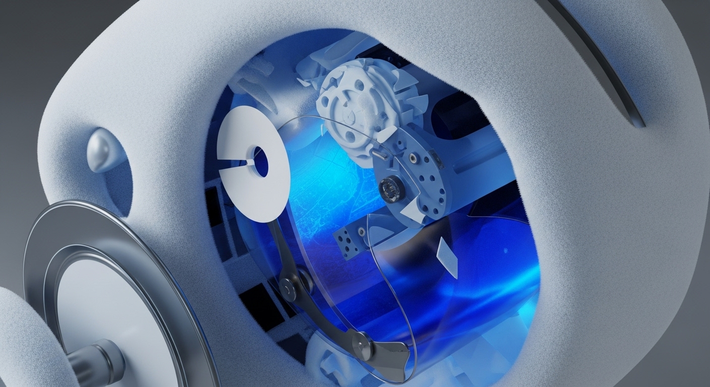 The image presents a meticulously rendered cutaway view of a sophisticated, light-colored device, revealing its complex internal machinery and a glowing blue core. Precision-engineered gears and intricate components are visible, encased within a soft-textured exterior
