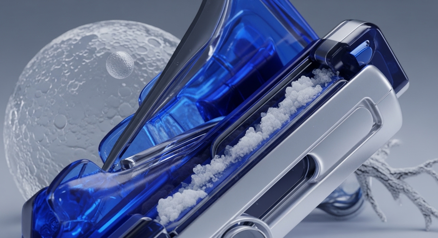 The image showcases a futuristic, metallic and translucent blue device, containing a stream of white granular substance. A large, textured sphere resembling a moon and a smaller orb are visible in the background, alongside a frosted, branch-like formation