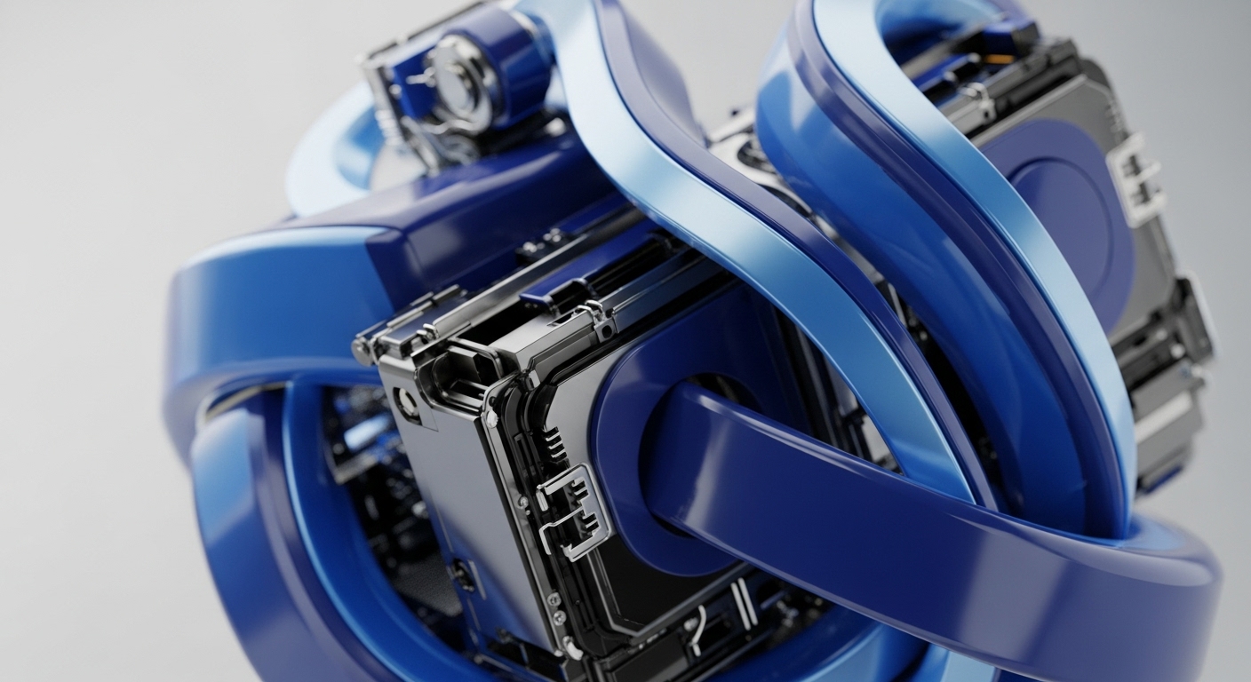 A highly detailed render showcases intricate glossy blue and lighter azure bands dynamically interwoven around dark, metallic, rectangular modules. The reflective surfaces and precise engineering convey a sense of advanced technological design and robust construction