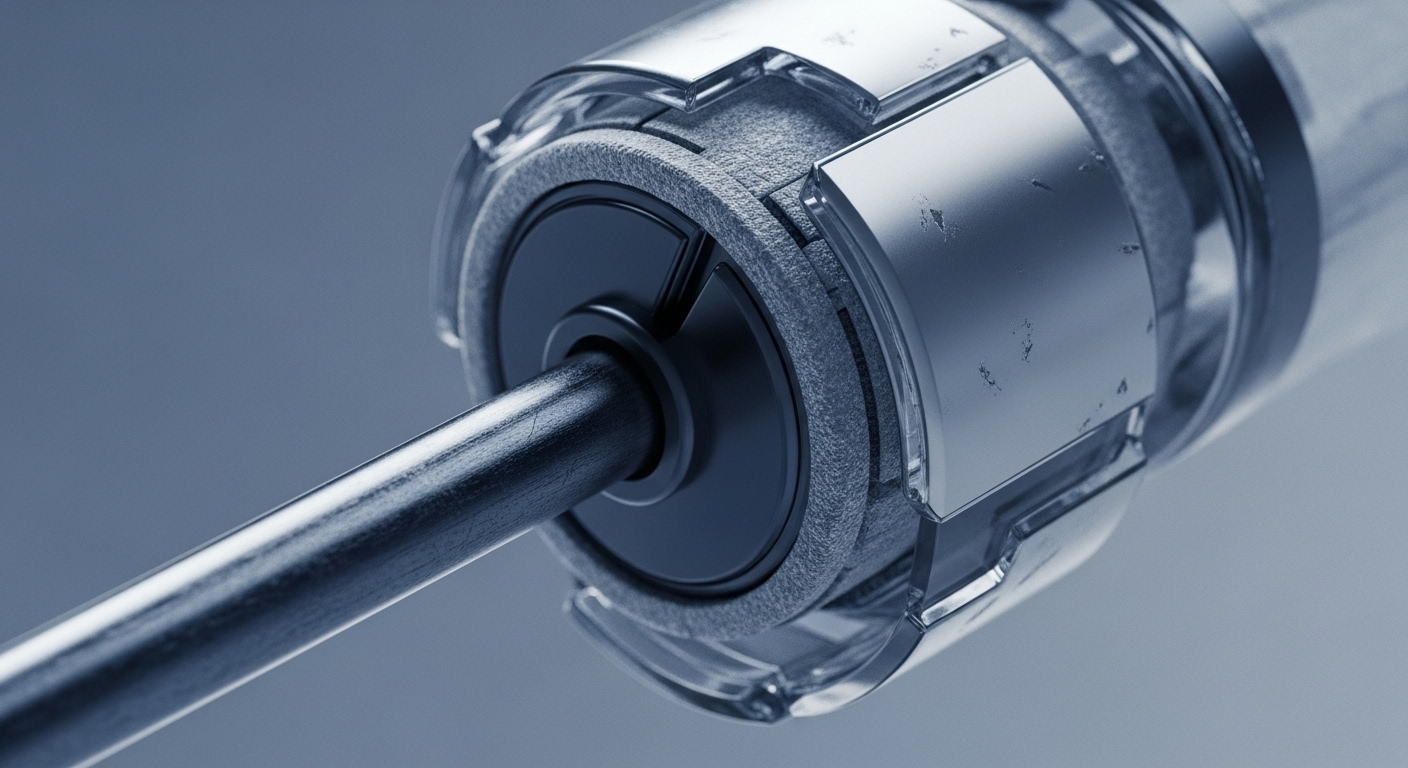 A close-up view presents a high-tech mechanical assembly, featuring a central metallic rod extending from a complex circular structure. This structure comprises a textured grey ring, reflective metallic segments, and translucent outer casing elements, all rendered in cool blue-grey tones
