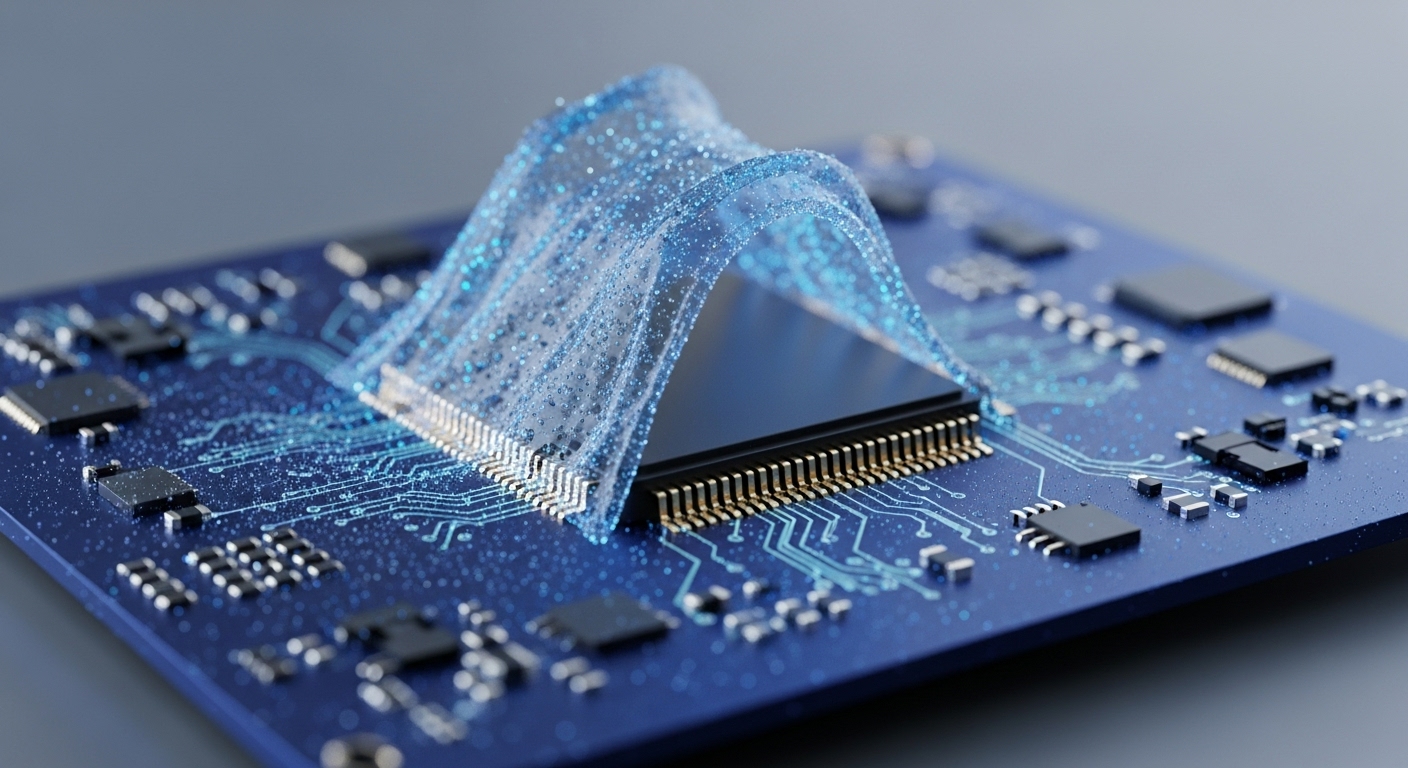 A sophisticated blue printed circuit board features a central integrated circuit, likely a specialized application-specific integrated circuit ASIC or hardware security module HSM. A translucent, particle-infused protective layer arches over the chip, visually representing secure enclave operations and cryptographic proof generation. Illuminated traces on the board signify high-throughput data transmission for decentralized ledger technology DLT transactions and smart contract execution. Surrounding surface-mount components support robust private key management and validator node functions, ensuring blockchain scalability and data integrity within a trustless environment.