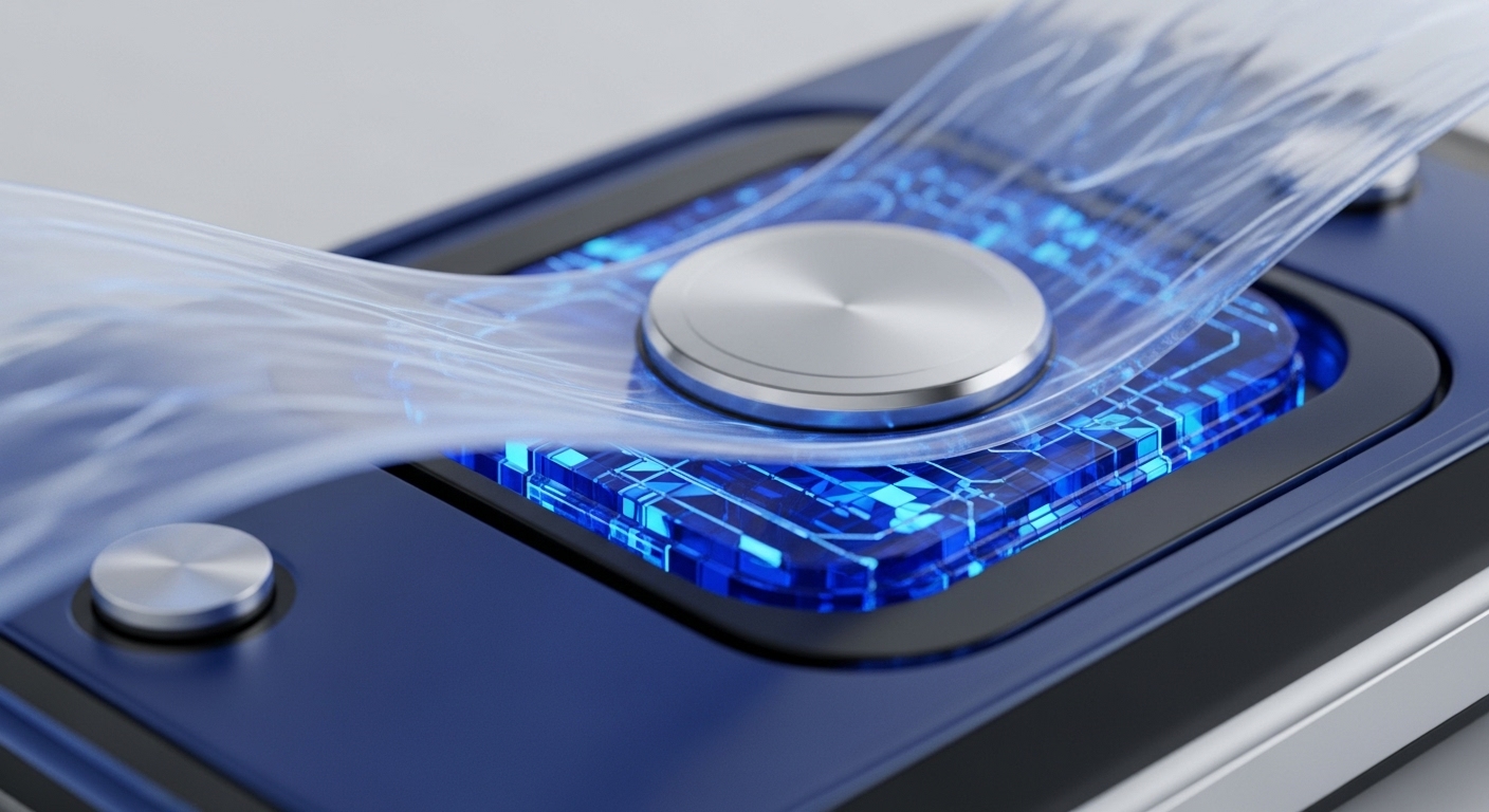 A high-tech, dark blue device showcases a prominent central brushed metal button and a smaller button on its left. A glowing blue circuit board pattern is visible beneath a transparent layer, with a translucent, wavy data stream flowing over the central button