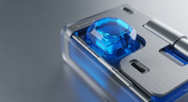 A close-up view reveals a sophisticated hardware wallet, featuring a prominent faceted blue secure element, reminiscent of a digital asset or token. Brushed metallic surfaces encase transparent components, highlighting an internal blue glow, symbolizing cryptographic key protection. This device represents robust security for private key management, facilitating secure transaction signing and immutable ledger interactions within a decentralized finance ecosystem, safeguarding digital identity and Web3 assets.