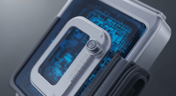 A sleek, metallic hardware wallet or secure element displays glowing blue digital data, representing cryptographic operations. The device features a prominent U-shaped frame with an integrated button, suggesting biometric authentication or transaction confirmation. Its robust design implies tamper-proof cold storage for private keys and seed phrases, essential for decentralized ledger security. This advanced module facilitates secure digital asset management and immutable record keeping, crucial for blockchain integrity and distributed consensus.