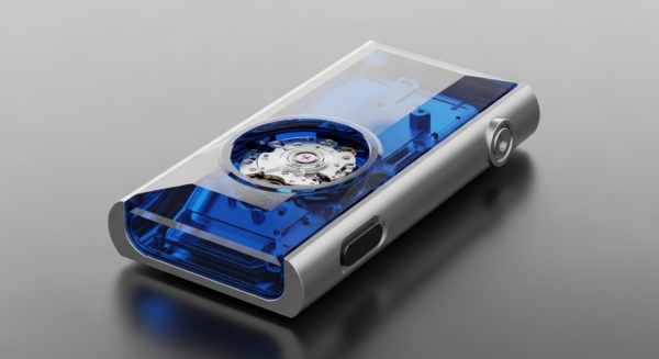 A sleek, transparent device with a metallic silver frame showcases intricate internal mechanisms. A prominent circular window reveals a precise mechanical movement, reminiscent of a watch escapement, symbolizing a cryptographic primitive or a proof-of-work engine. Beneath the clear casing, a vibrant blue internal structure suggests advanced secure enclave technology for digital asset custody. This sophisticated hardware design embodies the transparency and verifiable operations essential for decentralized ledger technology and robust smart contract execution, reflecting core principles of blockchain immutability and auditability.